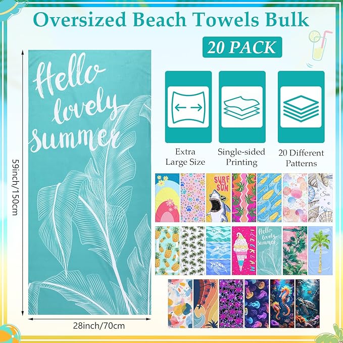 Newwiee 20 Pack Oversized Beach Towels Bulk 59 x 28 Quick Dry Sand Free Pool Towels Absorbent & Lightweight for Travel, Swimming, Camping, Outdoor, Assorted Vibrant Patterns - Image 2