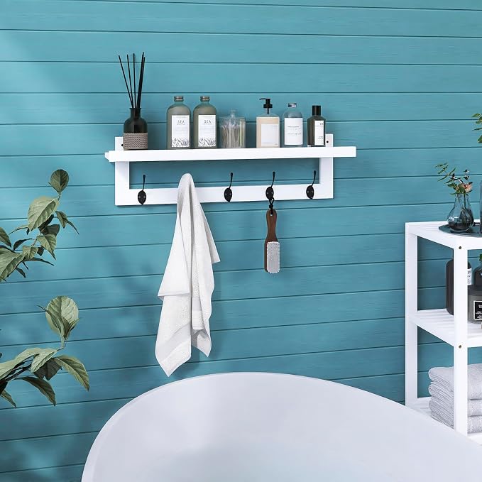 SMIBUY Coat Hooks with Shelf Wall-Mounted, 29.2 Inch Entryway Coat Rack for Wall, Bamboo Hanging Shelf with 5 Double Metal Hooks for Bathroom, Bedroom, Kitchen, Living Room (White + Black) - Image 4