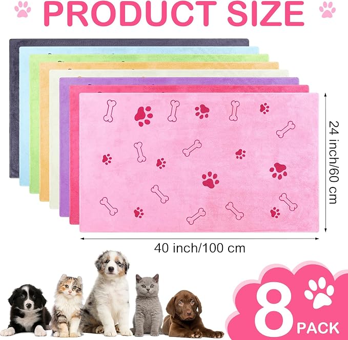 Chumia 8 Pcs Microfiber Dog Towels for Drying Dogs Cats 40 x 24 Inch Pet Towels Bulk for Large Puppy Absorbent Fast Drying Paw Bath Bathing Supplies for Pets(Dog Paw and Bone,Sweet Color) - Image 2