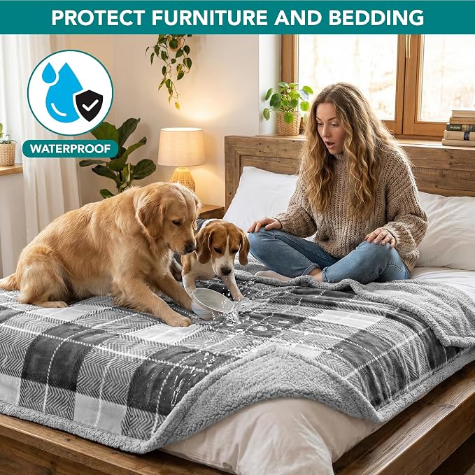 PetAmi Waterproof Dog Blanket for Couch, Large 60x40, Pee Proof Sherpa Fleece Reversible Pet Throw, Furniture Protector for Bed Sofa Kennel, Soft Washable Cover for Medium Dogs Cats, Plaid Light Grey - Image 2