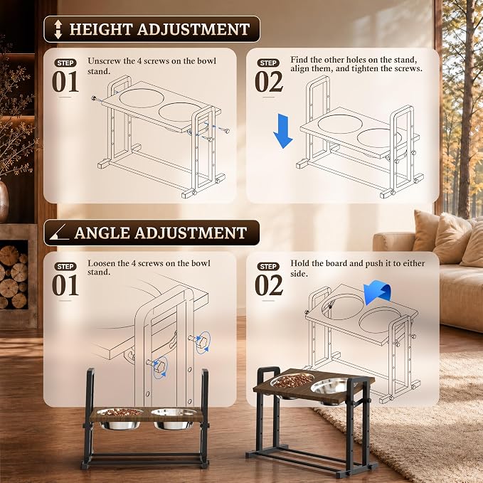 CZPET Elevated Dog Bowls, Angle&Height Adjustable, 2L Stainless Steel Bowls | Tilted Platform (0°, 7.5°, 15°) Dog Bowl Stand, Stable & Sturdy Metal Raised Dog Feeding Station, For Large Medium Small Dogs - Image 7