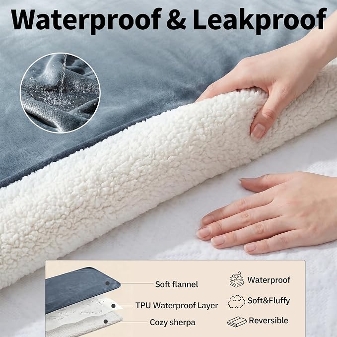 Sunheir Waterproof Blanket for Bed Queen Size, Reversible Soft Sherpa Fleece Dog Pet Blankets, Leakproof Spill-Proof Love Blanket for Furniture & Sofa Protector, Camping, Travel, 90"x86", Grey - Image 2