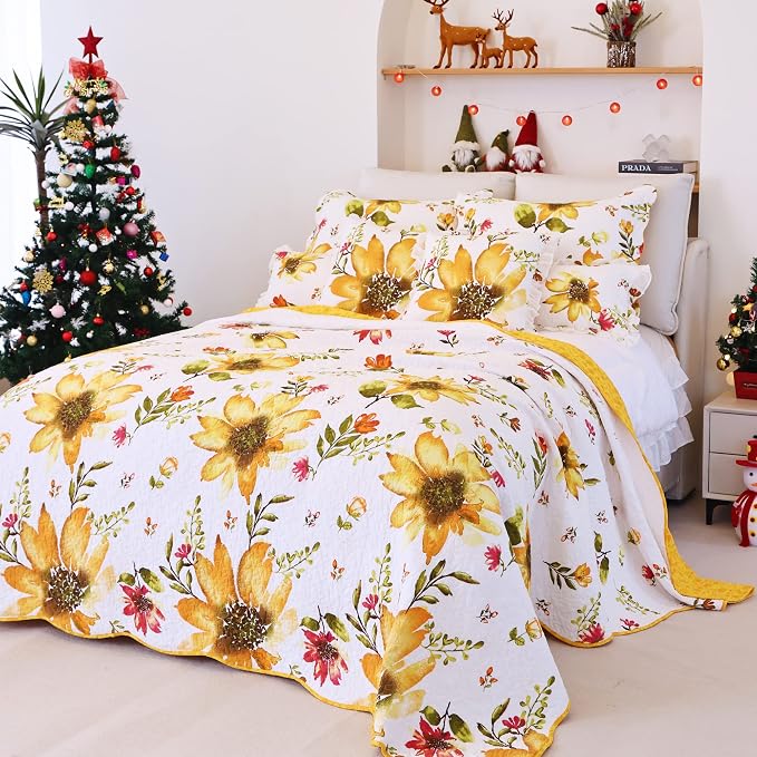 EVENHUG 100% Cotton Quilt Queen Size Yellow Sunflower Bedding Set Floral Lightweight Quilt Reversible Coverlet Bedspread with 2 Pillow Shams All Seasons 3 Pieces (92"x96") - Image 7