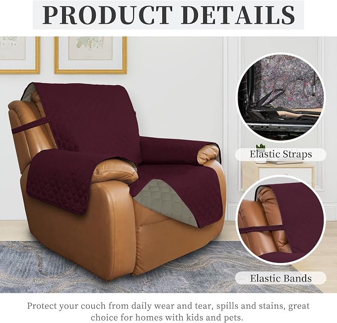 ISSUNTEX Double Protection 100% Waterproof Recliner Covers for Living Room, Reversible Furniture Protector Recliner Couch Sofa Slipcover for Dogs, Pets, Kids (Oversized Recliner, Wine/Beige) - Image 5