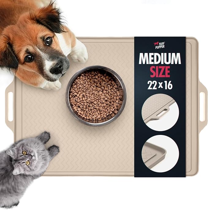 Tuff Pupper 22x16 Medium Dog Feeding Mat for Food and Water | Dog Food Mats for Floors | Waterproof Dogs Water Bowl Mats | Dogs Placemats Pet Food-Mat | Silicone Feeding Mat for Cats and Cat Bowls by TuffPupper