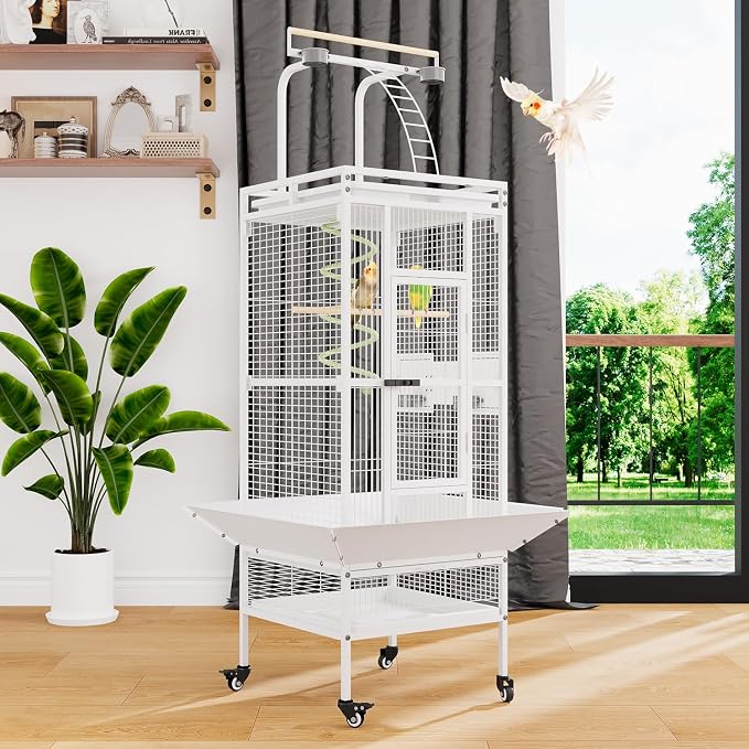 Erinnyees 61 Inch Wrought Iron Large Bird Cage with Rolling Stand, Heavy-Duty Parakeet Cage with Pull-Out Tray and Wheels, Birdcage for Parrots, Cockatiels, Budgies, Lovebirds, Macaws (White) - Image 7