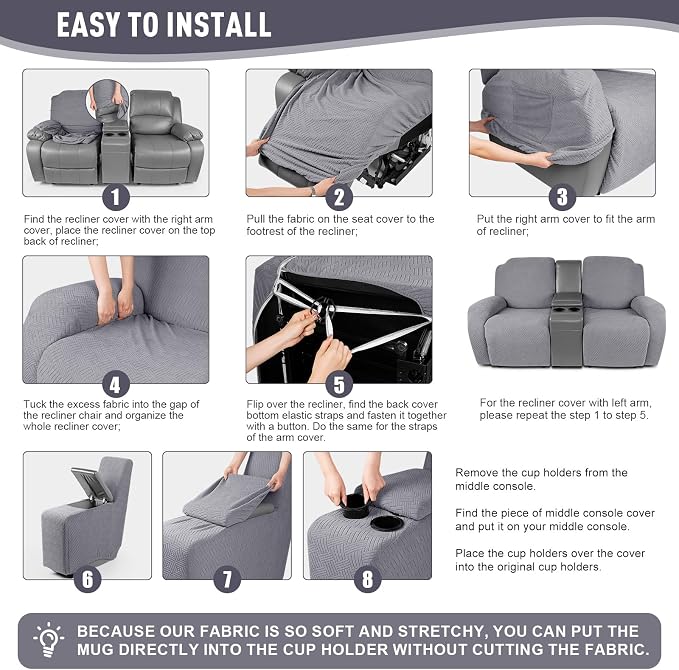 KinCam Loveseat Recliner Covers with Middle Console Slipcover, Light Gray | Stretch Recliner Sofa Covers for 2 Seat Couch Cover, Jacquard Furniture Protector Covers with Elastic Bottom for Kids, Pets - Image 5