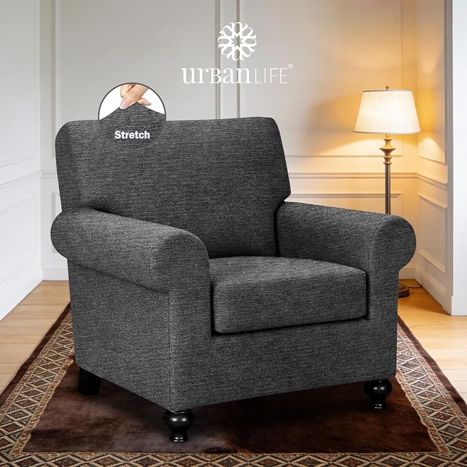 URBANLIFE 2-Piece Stretch Sofa Covers for 1 Cushion Couch, Charcoal Gray | Super fitted spandex slipcovers for couches. Non-slip elastic bottom. Machine washable furniture protector for kids & pets. - Image 2
