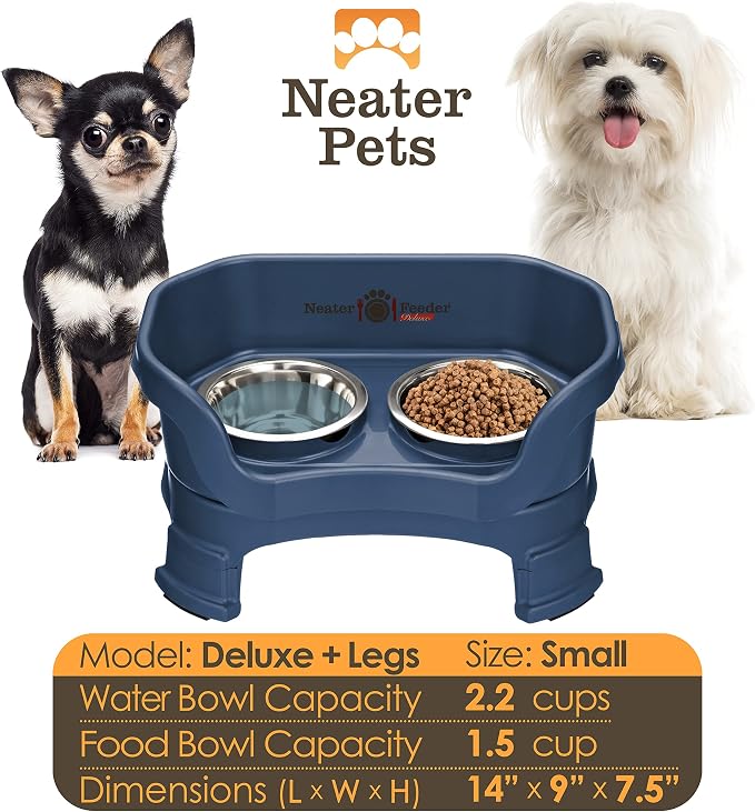 Neater Feeder Deluxe Mess-Proof Elevated Dog Bowls for Small Dogs (Up to 19 lbs), 2 Height Adjustable (6” & 7.5”) No-Spill Raised Dog Bowl Stand, Stainless Steel Food Bowl Set, Made in USA, Dark Blue - Image 2