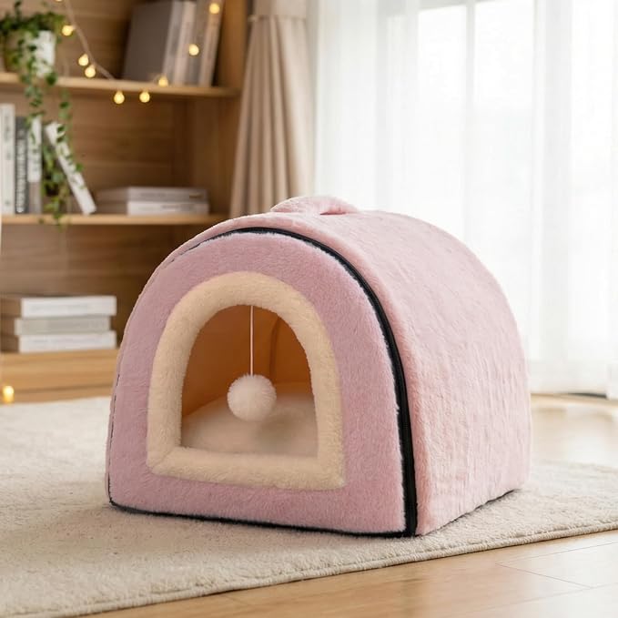Cat Bed for Indoor Cats，Foldable cat cave，Anti-Slip & Water-Resistant Bottom，cat Houses for Indoor Cats or Small Dogs, Kitten Tent, Rabbit Bed (Pink, L:(17.5"×16.9"×15.9")) - Image 2
