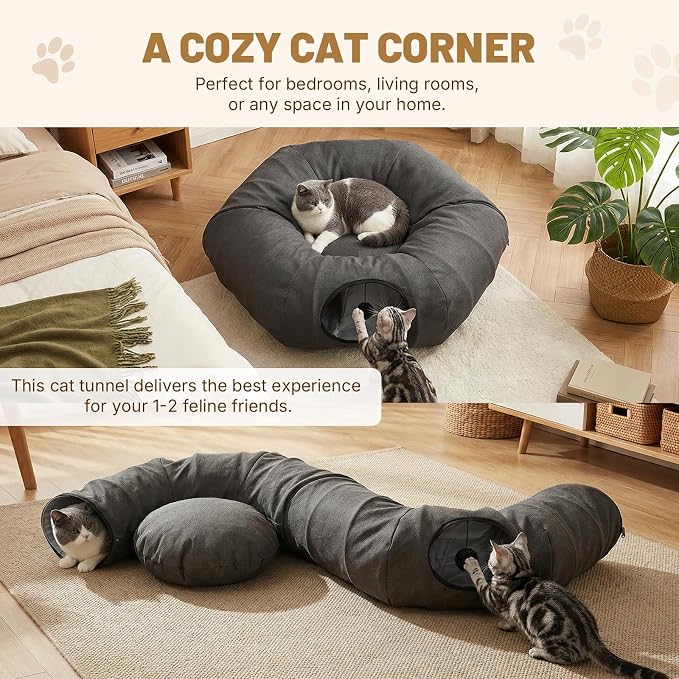 Cat Tunnel Bed for Indoor Cats, Cooling Natural Linen Cat Tunnel, Breathable 29.5in Kitten Toys Cat Tunnel with Washable Mat, Round Pet Tunnel for Kittens, Squirrels Dark Grey - Image 3
