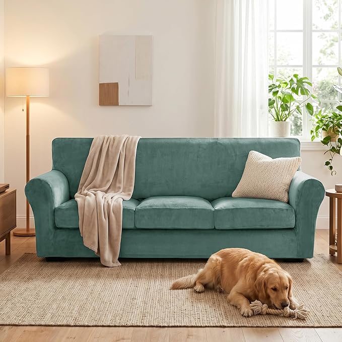 XINEAGE 4-Piece Velvet Sofa Cover,Couch Covers for Dog,Light Green | 3 Cushion Sofa,Stretch Non-slip Elastic, Pet-friendly, Washable, Fast Setup, Soft Plush Fabric, Furniture Protector. - Image 4