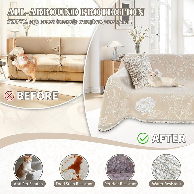 1OO% Waterproof Sectional Couch Covers for Dogs L Shaped Corner Sofa Cover Washable Chenille Sofa Slipcovers Blanket Modern Jacquard Pet Furniture Protector (91"x252", Beige Flower) - Image 5