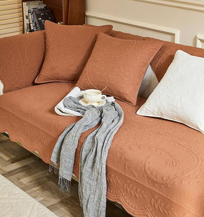 Leaf Floral Cotton Quilted Dog Couch Cover for Sofa Farmhouse Rustic Embroidered Sectional Couch Cover Soft Anti-Slip Sofa Slipcover Furniture Protector for Kids, Pets (Orange,28"x70") - Image 4