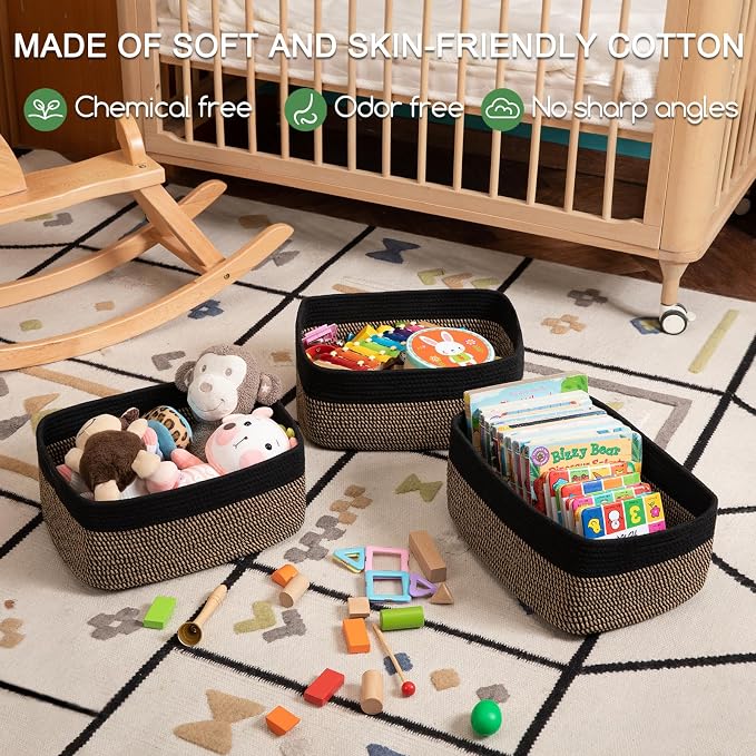 OIASKET Storage Baskets for Organizing 3 Pack, Woven Baskets for Shelves, Closet Organizer Bins Empty Gift Basket Toy Storage for Toys, Books, Towels, Clothes, 15"x11.42"x6.7", Black & Yellow - Image 3