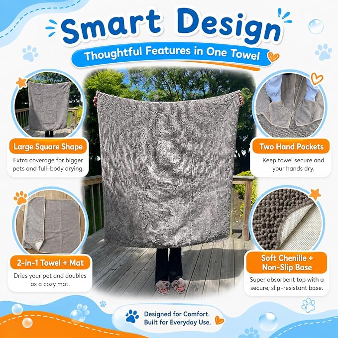 Pet 2-in-1 Dog Towel & Mat – Transforms from Drying to Bath Mat, Ultra Soft, Absorbent & Quick-Drying, Machine Washable Dog Towels with Detachable Non-Slip Mat and Hand Pockets (Medium) - Image 7