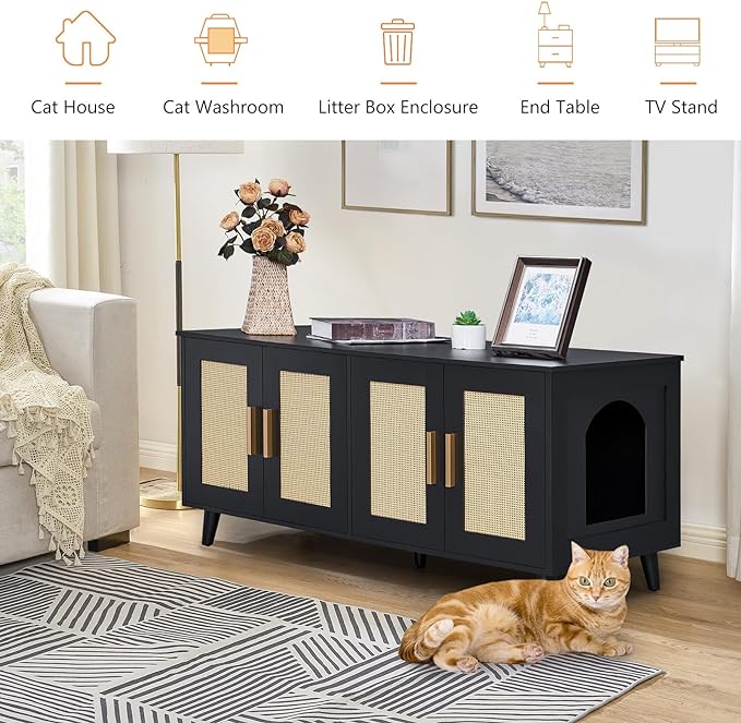 Homhedy Boho Cat Litter Box Enclosure for 2 Cats, Black and Natural | Hidden Litter Box Furniture with Double Rattan Decorated Doors, Cat Washroom, Cat House, Dog-Proof, TV Stand - Image 5
