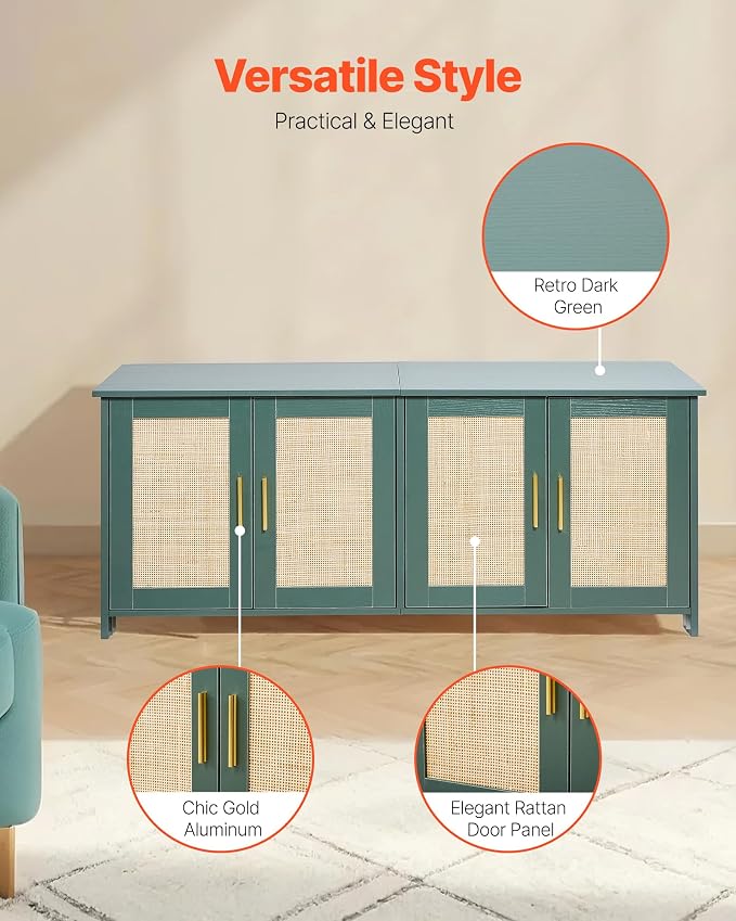 VEVOR Cat Litter Box Enclosure for Multi Cats, 47.2 in Hidden Litter Box Cabinet with 4 Rattan Doors & 2 Entries, Indoor Cat Washroom, Wooden Kitty House Furniture, Fit Most Litterboxes, Green - Image 6