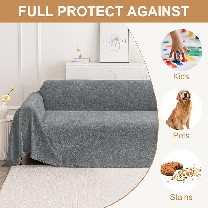 Smiry Couch Cover for Dogs, Chenille Sofa Covers for 3 Cushion Couch | Washable Soft Sofa Slipcover for Pets, Thick Sectional Furniture Protector with Tassels (Grey, 71x91 Inch) - Image 3