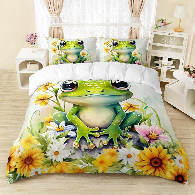 AILONEN Green Frog Duvet Cover Set Queen Size, Cute Cartoon Frog Bedding Set for Kids Boys Girls,Beautiful Sunflower Comforter Cover,Kawaii Tree Frog Duvet Cover,3 Pieces,1 Quilt Cover 2 Pillowcase by AILONEN