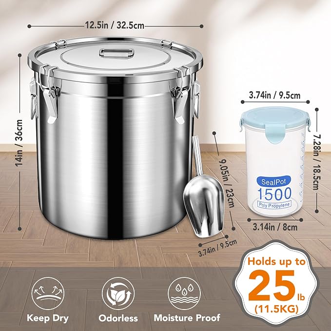 Newget Dog Food Storage Containers, Large Stainless Steel Pet Food Storage Containers 25 lb / 11.5 kg to Keep Fresh, Metal Airtight Cat Food Containers With Scoop and 2 Small Containers - Image 2