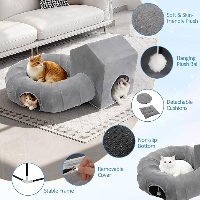 Pawaboo Cat Tunnel Bed for Indoor Cats, Cute Cat Donut Tunnel with Square House, Peekaboo Pet Cave Play Tunnels with Cave for Kitten/Rabbit, Dark Gray - Image 4