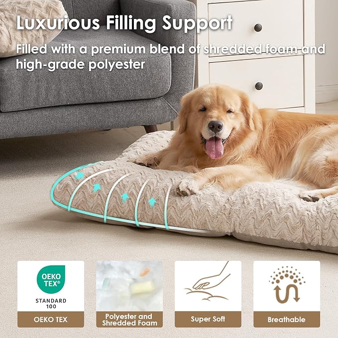 EHEYCIGA Washable Medium Dog Bed for Crate 29x21 Inch, Kennel Pad for Dogs Up to 35 lbs, Plush and Comfy Pet Sleeping Mat, Beige - Image 2