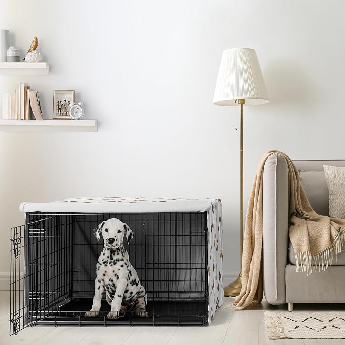 Sweet Jojo Designs 36in. Medium Dog Crate Cover (Bones and Paw Prints) Pet Cage, Kennel Covers (Modern, Cartoon, Doggy, Puppy, Neutral, Paws Print, Whimsical, Brown, Tan, Grey, Taupe and Off White) - Image 2