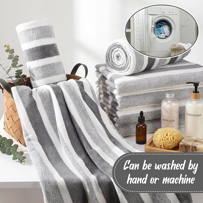 SmoothNovelty 16 Pack Microfiber Bath Towels Bulk 27'' x 60'' Oversized Size Bath Towel Highly Absorbent Extra Large Soft Drying for Beach Shower Summer Salon Sport Gym Party (Stripes,Grey) - Image 6