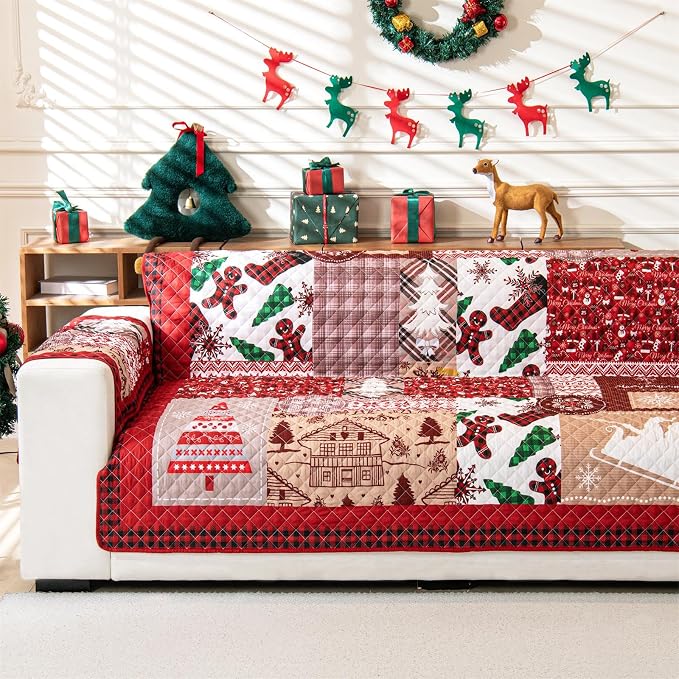 Cmfshape Christmas Skidproof Sofa Cover-Festival Sofa Slipcover with Elastic Straps-Easy Fit Slip Cover-Patchwork Washable Furniture Protector for Pets and Kids(Sofa,Red) by cmfshape-quiltset