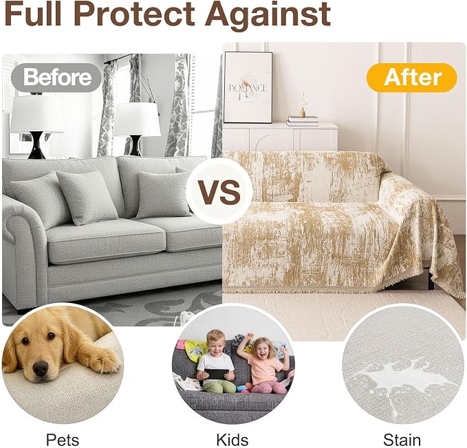 hyha Couch Cover for Dogs, Boho Chenille Sofa Cover for 3 Cushion Couch | Anti-Scratch Washable Sofa Slipcover, Loveseat Sectional Couch Throw Blankets with Tassels (Khaki/White, 71x118 Inch) - Image 3