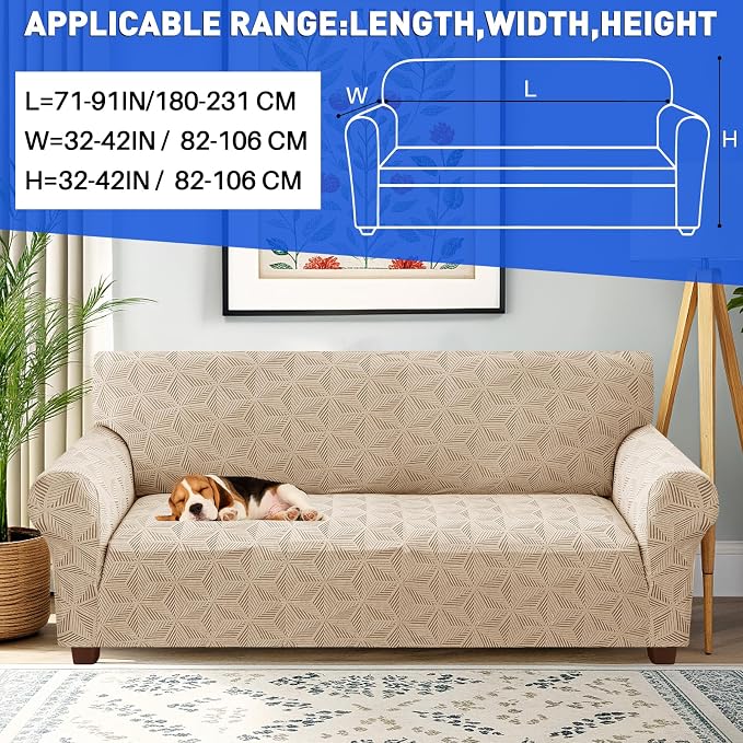 YEMYHOM 1 Piece Stretch Couch Covers for 3 Cushion Couch, Jacquard Sofa Cover with Non-Slip Elastic Bottom, Thickened Slipcover Furniture Protector for Dogs Pets (Large, Khaki） - Image 2