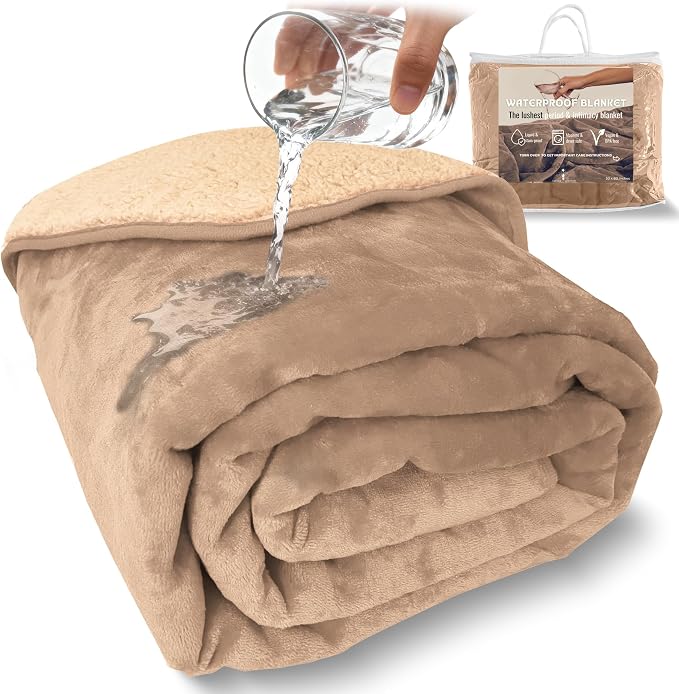 Sacred Weapon Mini Waterproof Throw Blanket for Bed, Couch, Sofa & Travel – Plush Sherpa Fleece, Mattress Protector – Absorbent, Washable, Spill Proof – for Adults, Babies & Pets – Beige Tan 40x45 - Image 2