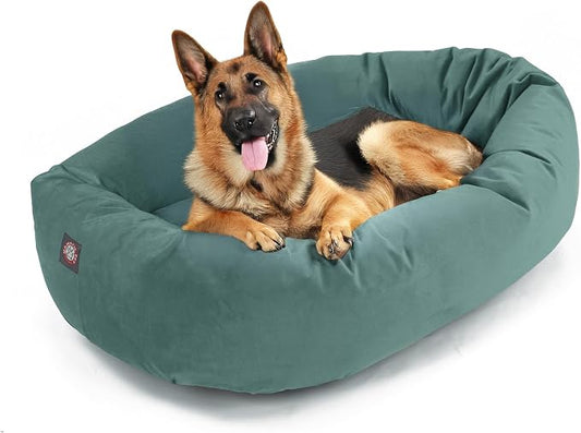 Majestic Pet 52 Inch Micro Velvet Calming Dog Bed Washable – Cozy Soft Round Dog Bed with Spine for Head Support - Fluffy Donut Puppy Mat 52x35x11 (inch) X- Large – Azure (2025) by MajesticPet
