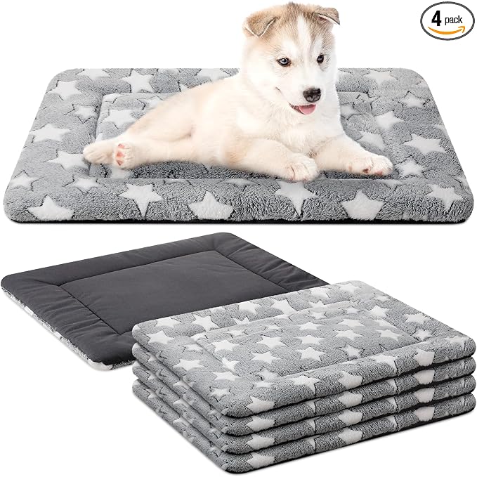 VitalCozy 4 Pcs Dog Crate Pads, Ultra Soft Warm Washable Anti-Slip Kennel Bed Mat for Pets, Reversible, Replaceable, Cage Liner for Small Medium Large Dogs and Cats (18 x 24 x 1.6 Inch,Star,Gray) by VitalCozy