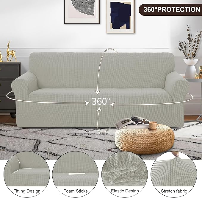 U-NICE HOME Stretch Couch Cover Slipcover for 3 Cushion Sofa, Taupe | 1-Piece Sofa cover, Washable, Pet friendly, Furniture protector, Polyester Spandex Jacquard fabric - Image 3