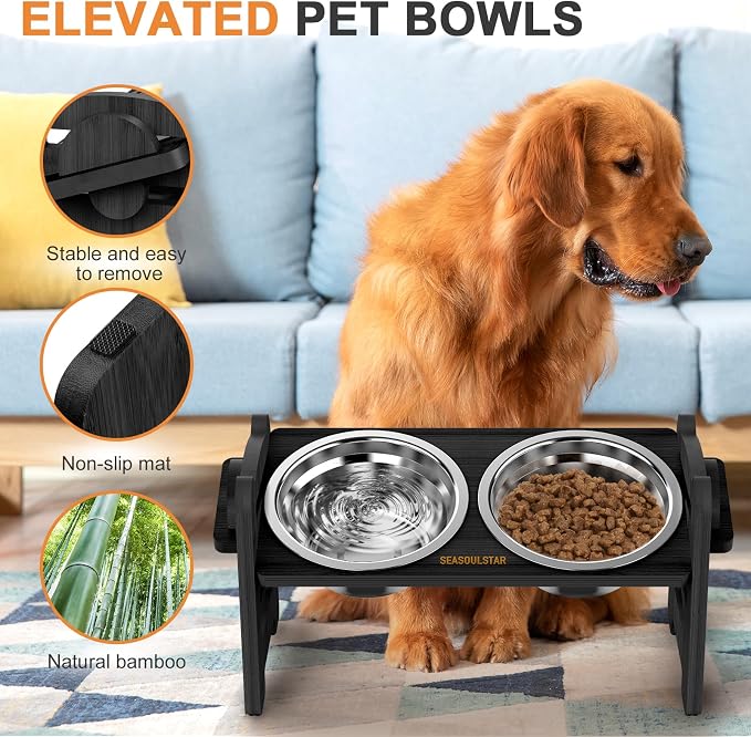 Elevated Dog Bowls - Adjustable Raised Dog Bowls - Dog Bowls with Stand - Dog Feeding Station for Small Dog and Cat with 2 Stainless Steel Bowls and Non-Slip Feet, Durable, Bamboo (Black) - Image 4