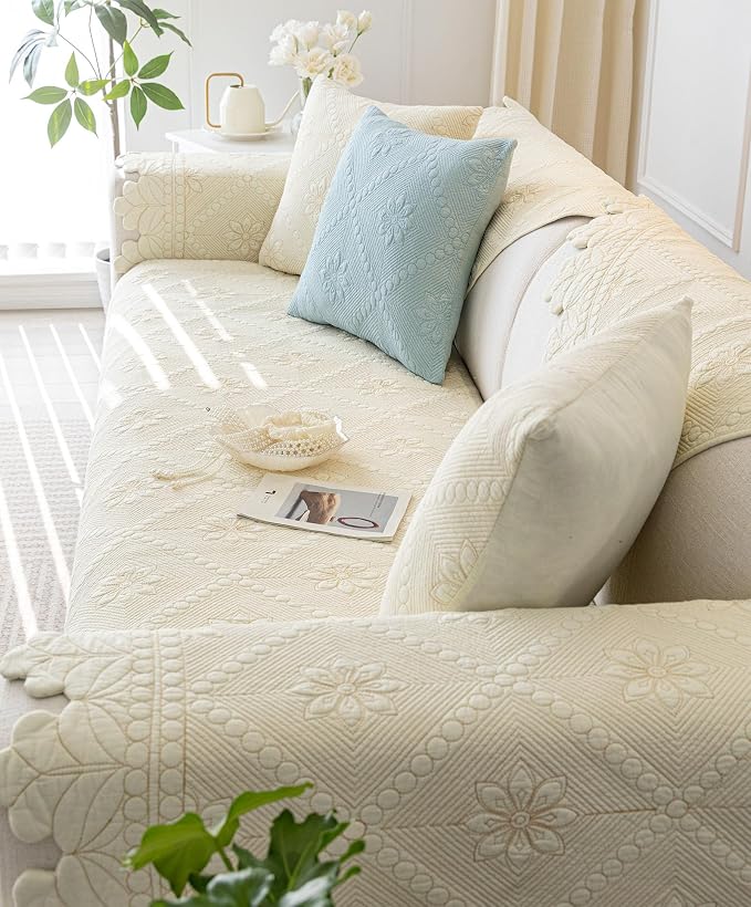 Cotton Quilted Dog Couch Cover for Sofa Farmhouse Rustic Embroidery Sectional Couch Cover Soft Anti-Slip Sofa Slipcover Furniture Protector for Kids, Pets (Ivory,28"x28") - Image 6