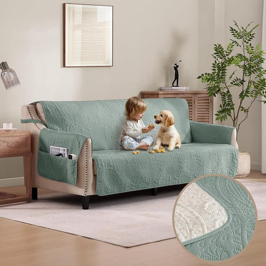Soft Sage Quilted Couch Cover with Pockets for Extra-Large Sofa, Anti-Slip Sofa Covers Washable for 3 Cushion, Pet Friendly Oversized Sofa Cover Water-Repellent (X-Large Sofa 78", Sage Blue) by Pamhaven