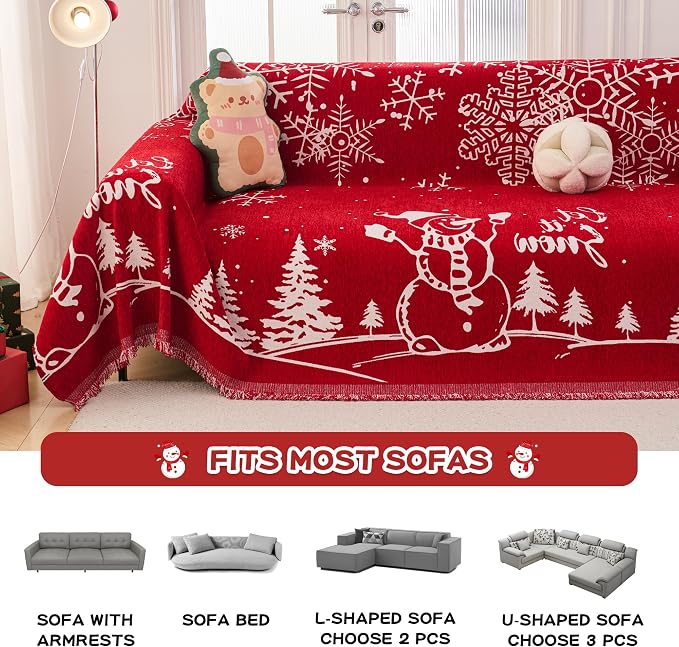 MEETSKY Christmas Sofa Cover Couch Covers for 2 Cushion Couch Sofa, Washable Couch Cover Blanket with Tassel for Living Room Sectional Sofa Slipcovers for Dogs Large Couch Protector, 71" x 118", Red - Image 7