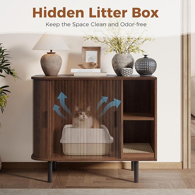 Cat Litter Box Enclosure with Scratch Pad, Large Hidden Litter Box Enclosure Furniture for self-Cleaning Litter Boxes, Sliding Door, Adjustable Shelf for Dog Proof, Modern Indoor Cat House, Walnut - Image 3