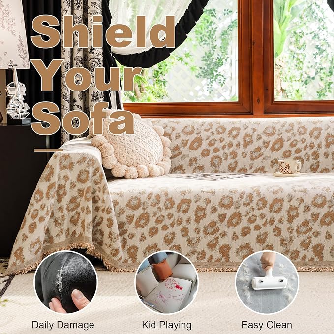 VClife Bohemian Leopard Couch Cover Furniture Protector, Washable Non Slip Sofa Cover for L Shape, Anti-Pilling Couch Covers for 3-4 Cushion Couch Sofa Dog Cat Sofa Throw Cover, Khaki, 71''x150'' - Image 7
