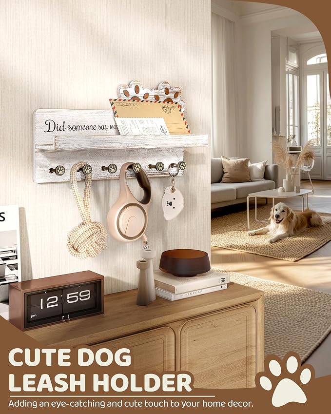 MTERSN Farmhouse Dog Leash Holder for Wall - Dog Stuff Organizer and Key Holder Wall Mount with a Floating Shelf & 6 Hooks for Home Decor - Perfect Gifts for Dogs Lovers (White) - Image 2