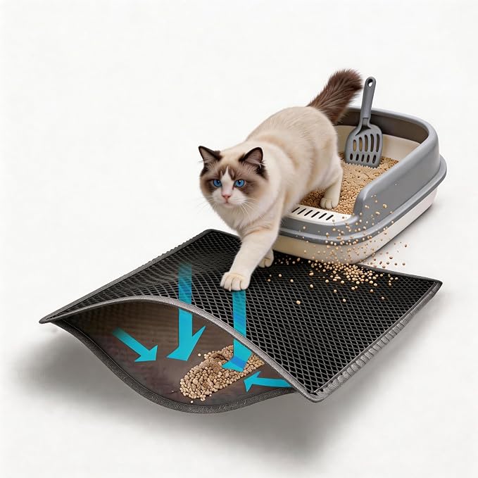 Cat Litter Mat Large 35x25in, Kitty Litter Box Mat Larger for Scatter-Free | 2-Layer Honeycomb Effective Litter Trapping Mat to Less Mess, Waterproof Non-Slip, Easy Lift & Dump to Clean,Mengbu(Gray) by Unknown