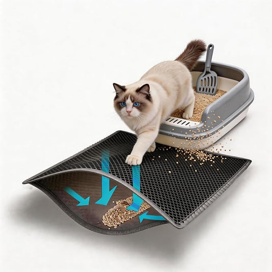 Cat Litter Mat Large 35x25in, Kitty Litter Box Mat Larger for Scatter-Free | 2-Layer Honeycomb Effective Litter Trapping Mat to Less Mess, Waterproof Non-Slip, Easy Lift & Dump to Clean,Mengbu(Gray) by Unknown