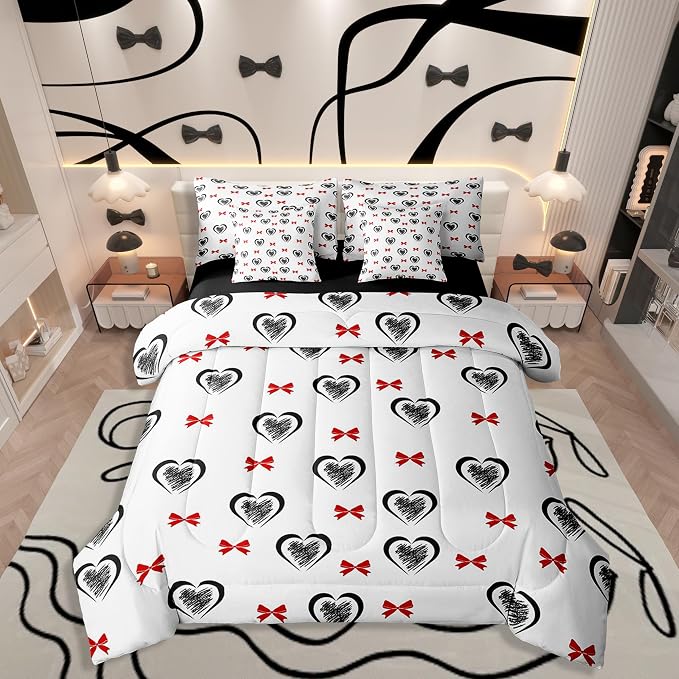 Erosebridal 7 Piece Heart Pattern Queen Bedding Set,Kawaii Red Bowknot Kids Comforter Set for Girls Boys,Valentine Day Love Heart Shaped Bed in a Bag,Geometric Bow Flat Fitted Sheet,Black Red by Erosebridal