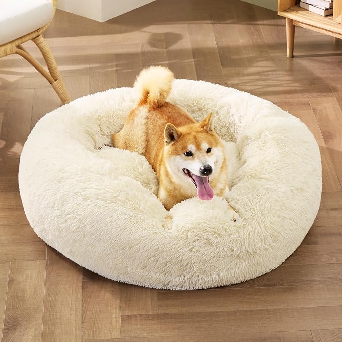 Bedsure Calming Dog Bed Medium Size Dog Donut Washable Pet Bed,30ins | Fluffy Faux Fur Round Cuddler,Machine Washable,Anti-Slip Bottom,Anti-Anxiety,Deep Sleeping for Pets Up to 45 Lbs,Ivory Beige - Image 4