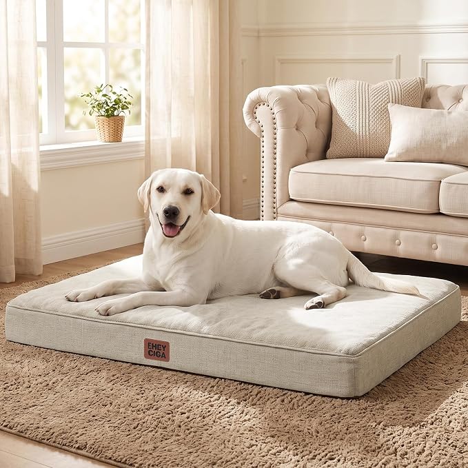EHEYCIGA Extra Large Memory Foam Flat Dog Bed Washable, 44x32Inch, Beige | High Density Egg Crate Foam, Waterproof Liner, Removable Easy Clean Cover, Non-Slip Bottom, Fits Floor, Camping and Car - Image 8