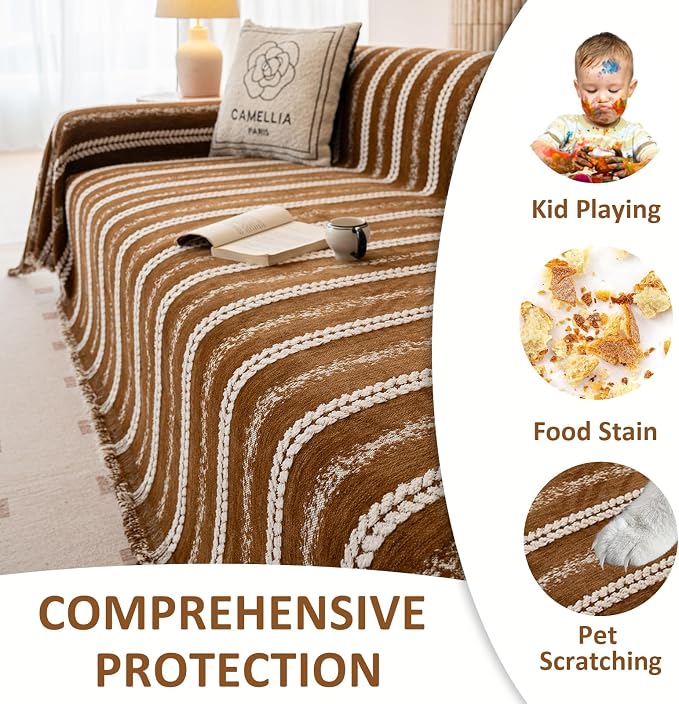VClife Sofa Cover Bohemian Striped Pattern Couch Cover for Oversized Sofa - Caramel Brown Creamy White Textured Sofa Slipcover Washable Furniture Protector for Couch Decorative Couch Cushion Cover - Image 8