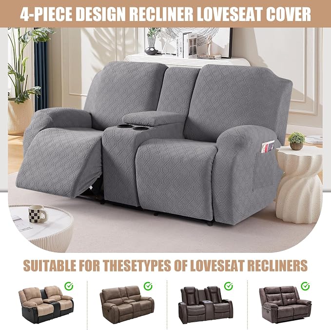 VANSOFY Recliner Loveseat Cover with Middle Console Stretch Reclining Sofa Slipcover for 2 Seat Jacquard Reclining Couch Sofa Covers Furniture Protector with Elastic Straps Bottom (Light Gray) | 4-Pieces, Soft Furniture Protector, Washable Slipcover wi... - Image 4